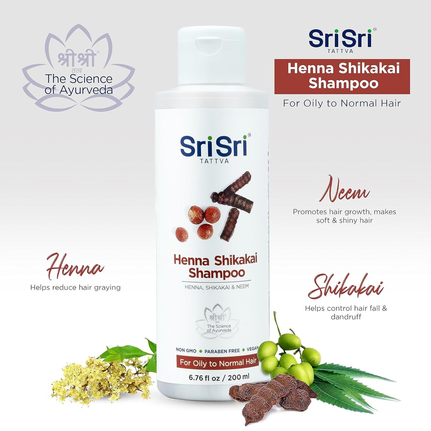 SRI SRI TATTVA Shikakai Henna Shampoo - Natural Ayurvedic Scalp Cleanser for Silky, Conditioned, Thick, Shiny Hair - Fights Dandruff Buildup (200 ml)